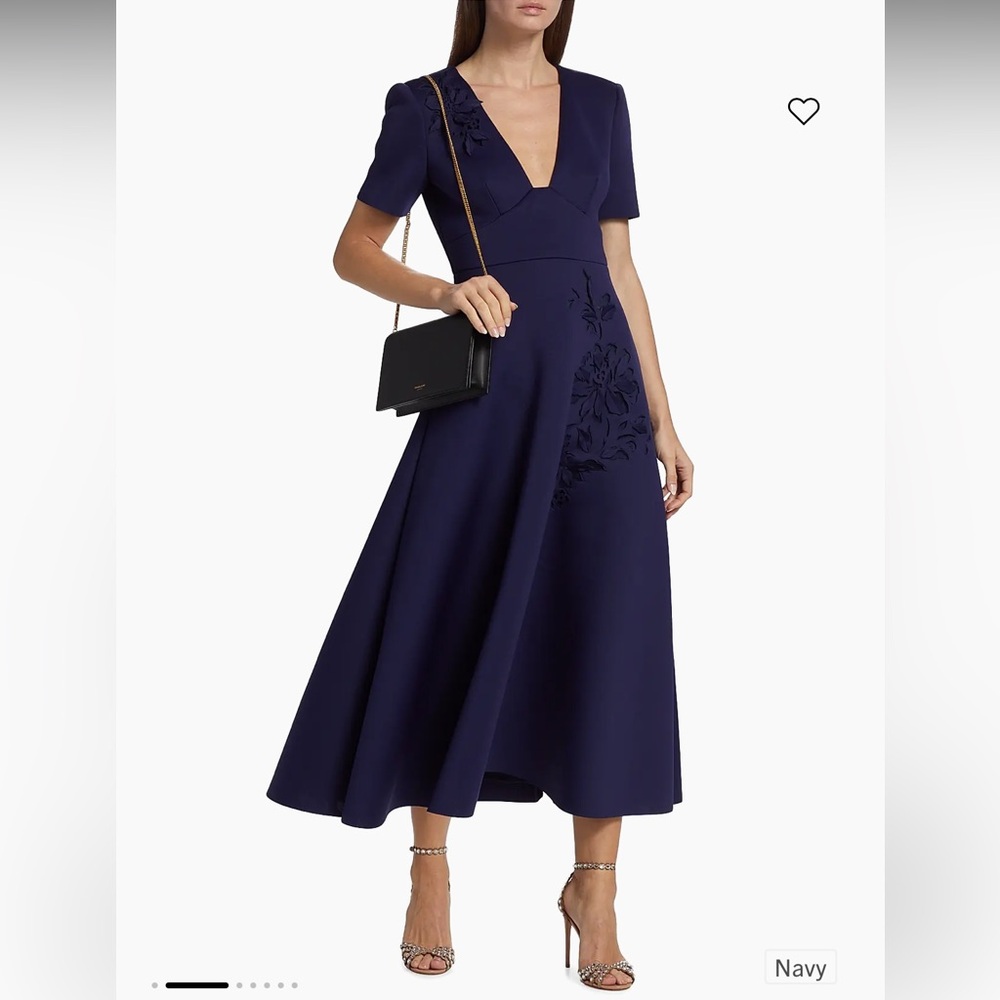 Badgley Mischka Navy Laser Cut Floral Fit and Flare Dress